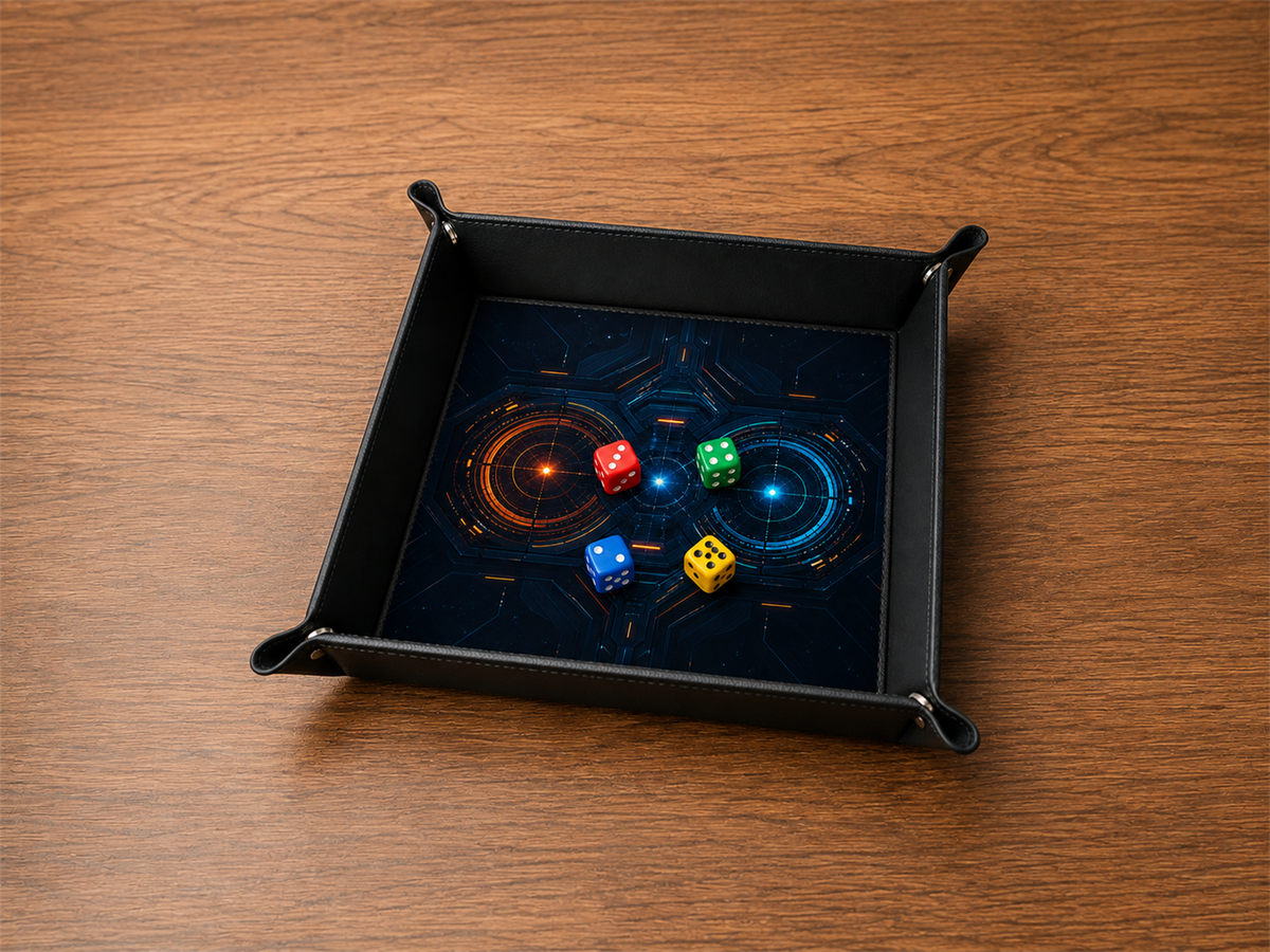 Plateau à dés Cockpit interstellaire avec quatre dés colorés