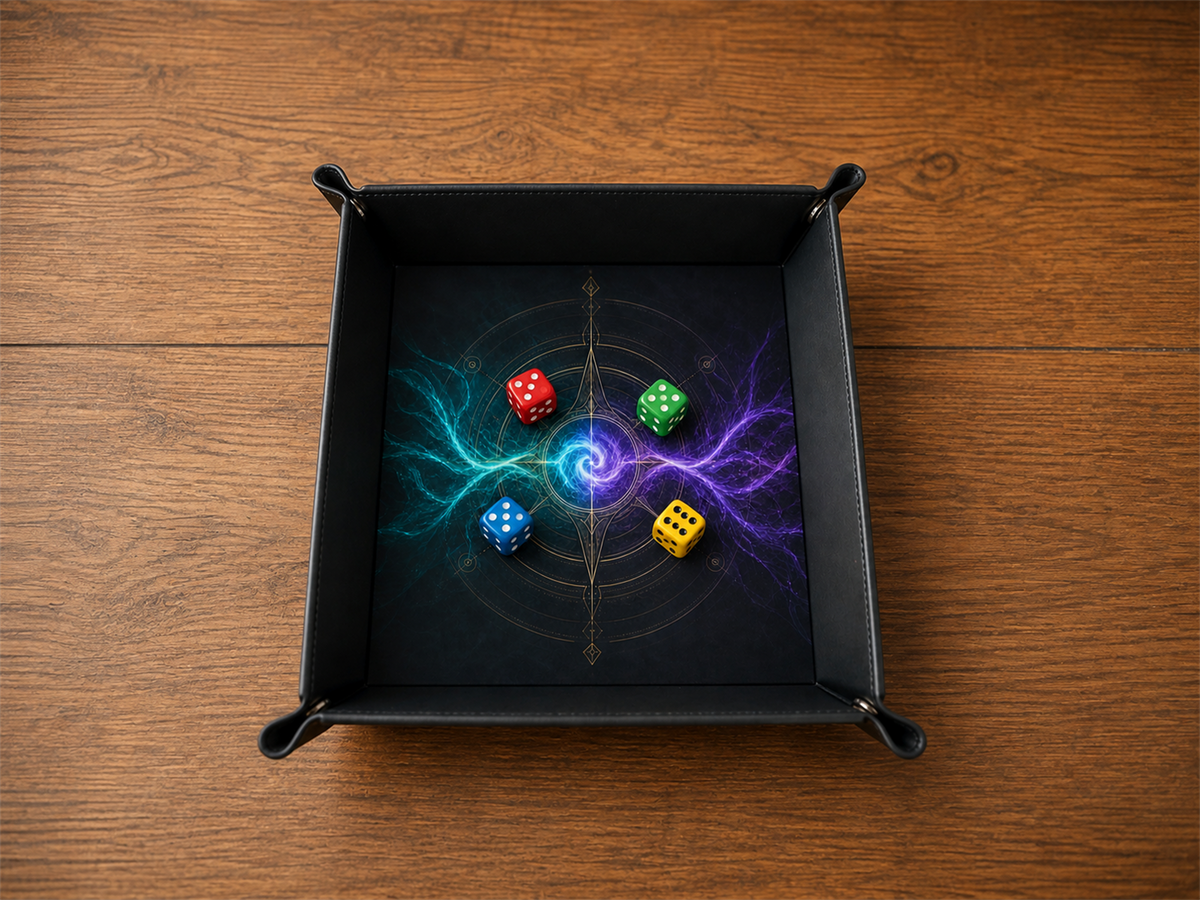 Plateau à dés fantasy Duel des arcanes avec quatre dés cubiques