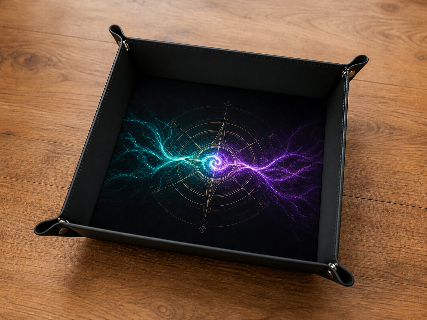 Plateau à dés Duel des arcanes assemblé avec design turquoise et violet