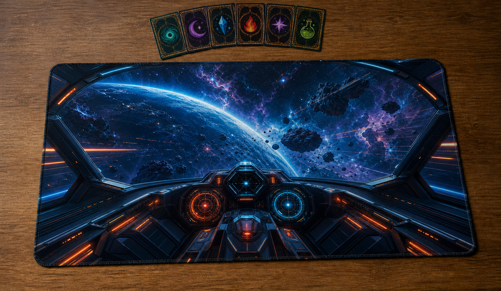 Playmat Cockpit Frontière cosmique avec six cartes de jeu regroupées
