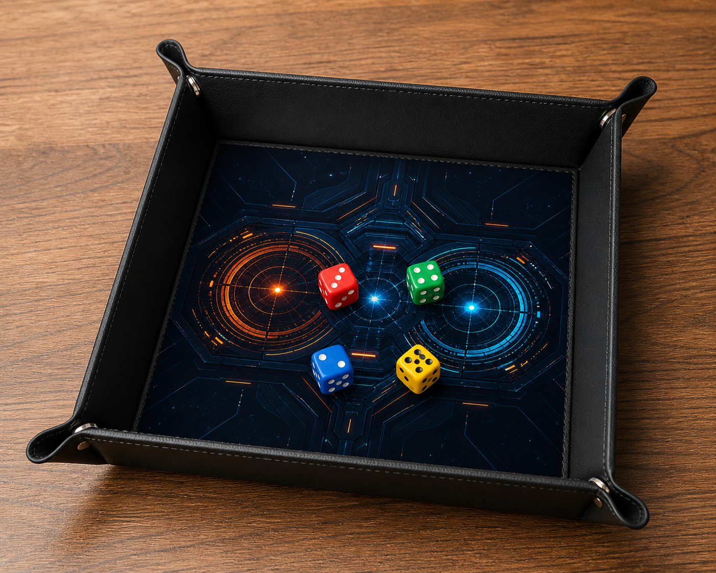 Plateau à dés Cockpit interstellaire avec quatre dés colorés
