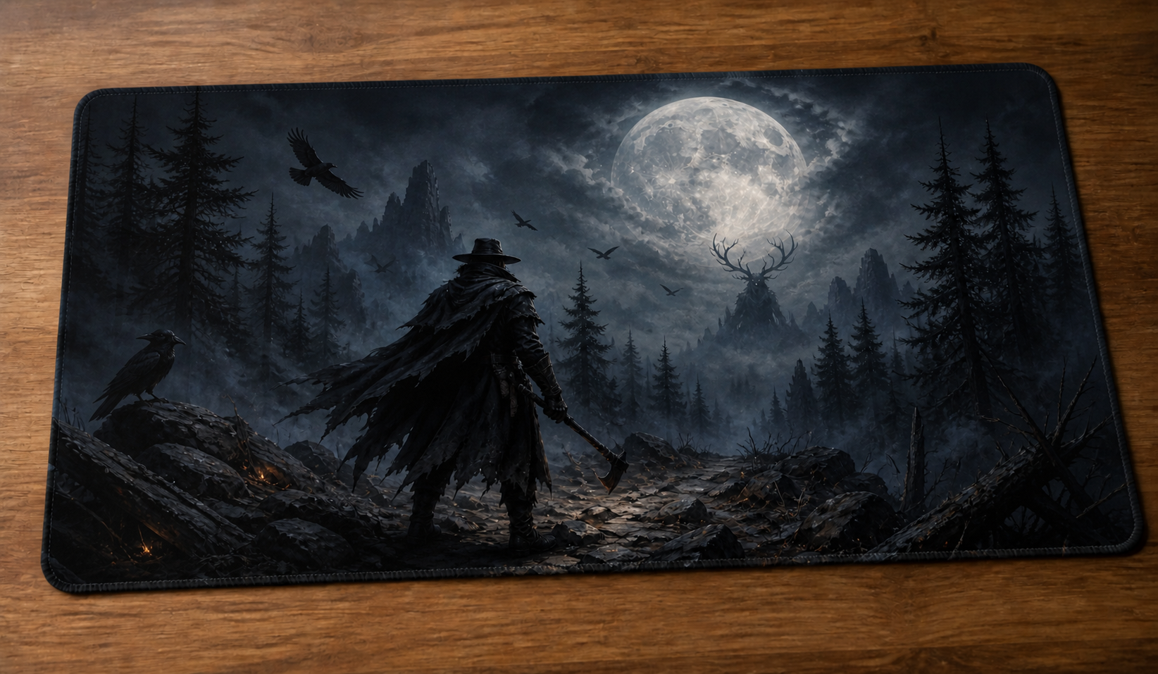 Playmat Chasse nocturne dark fantasy avec chasseur et pleine lune