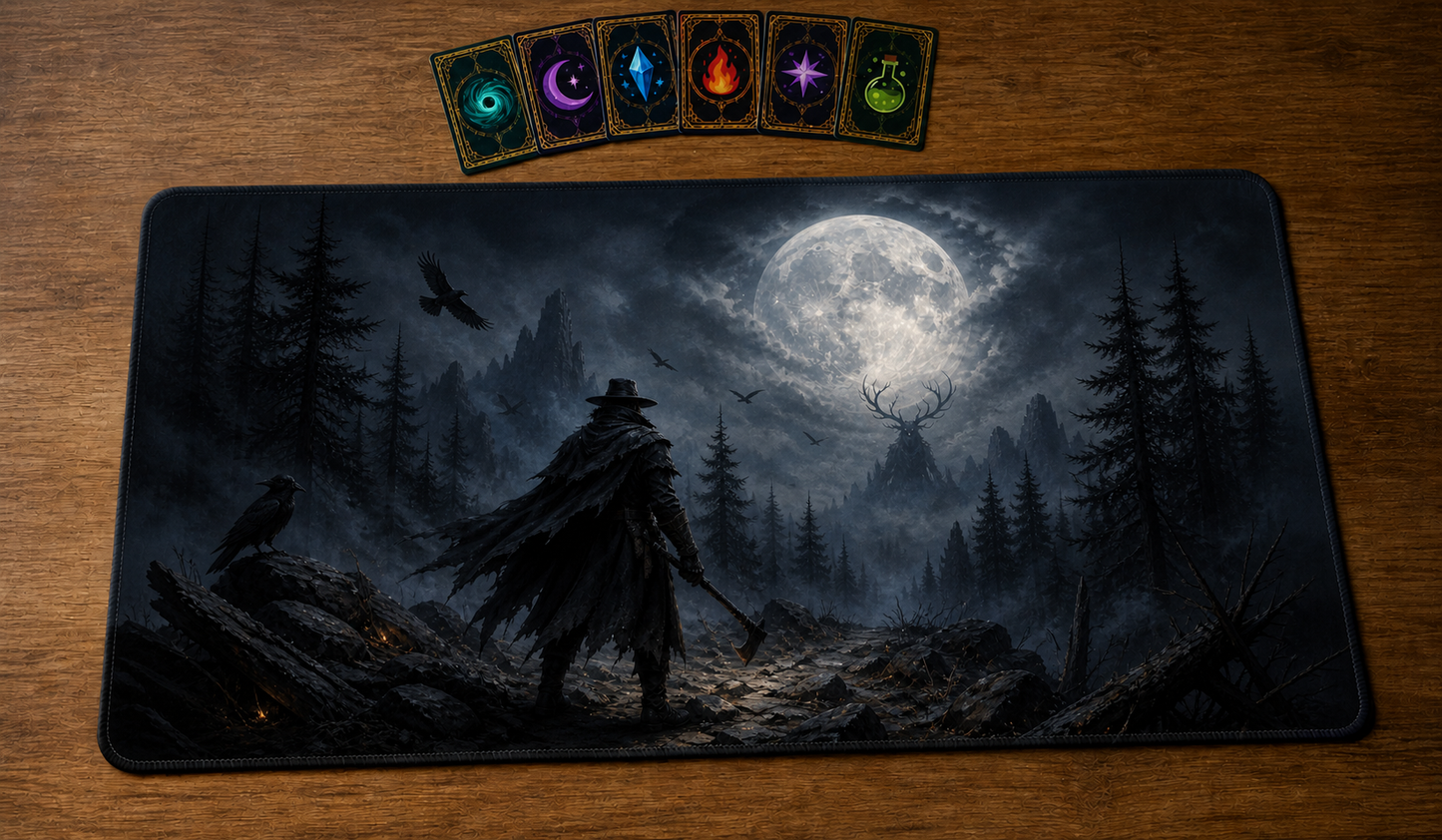 Playmat Chasse nocturne 24 × 14 po avec six cartes regroupées

