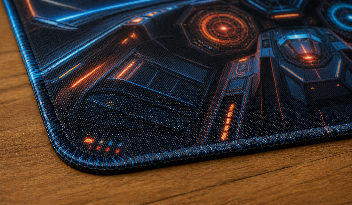 Gros plan de la couture et de la texture du playmat Cockpit
