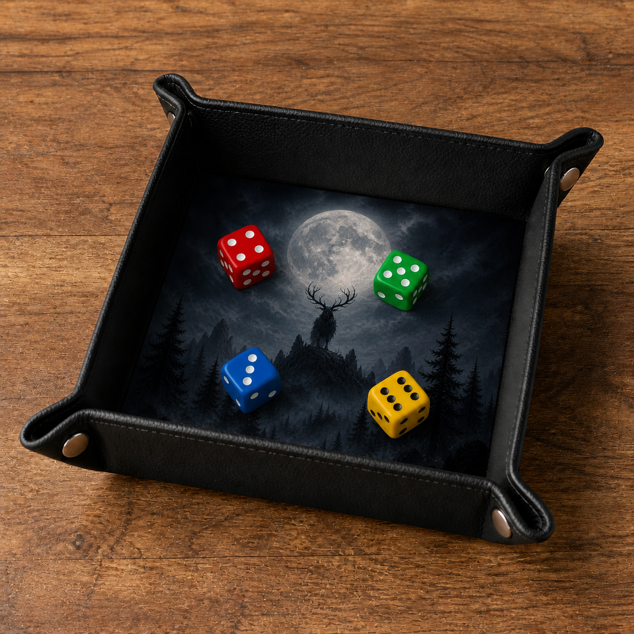 Plateau à dés Gardien de la lune avec quatre dés colorés
