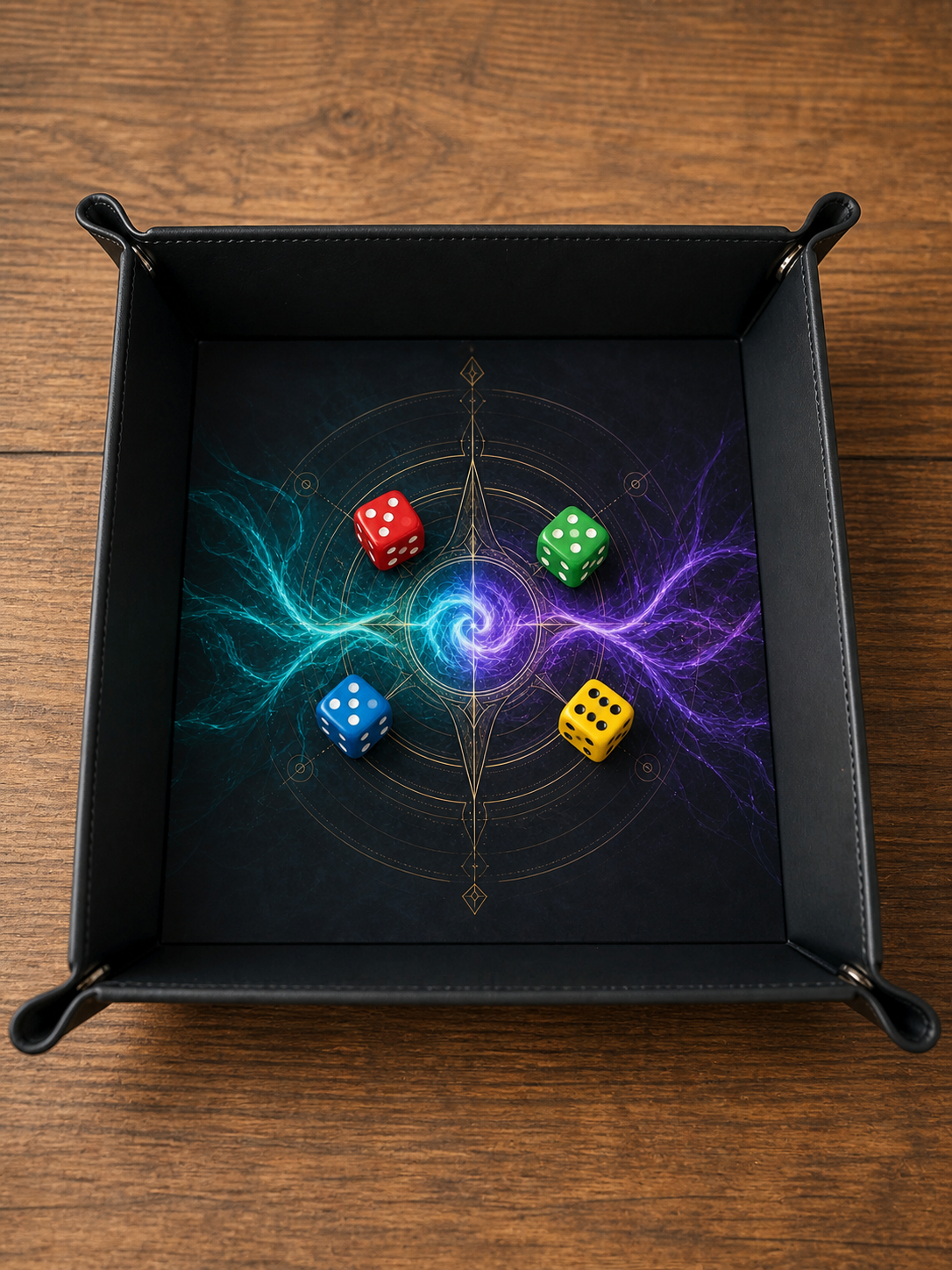 Plateau à dés fantasy Duel des arcanes avec quatre dés cubiques