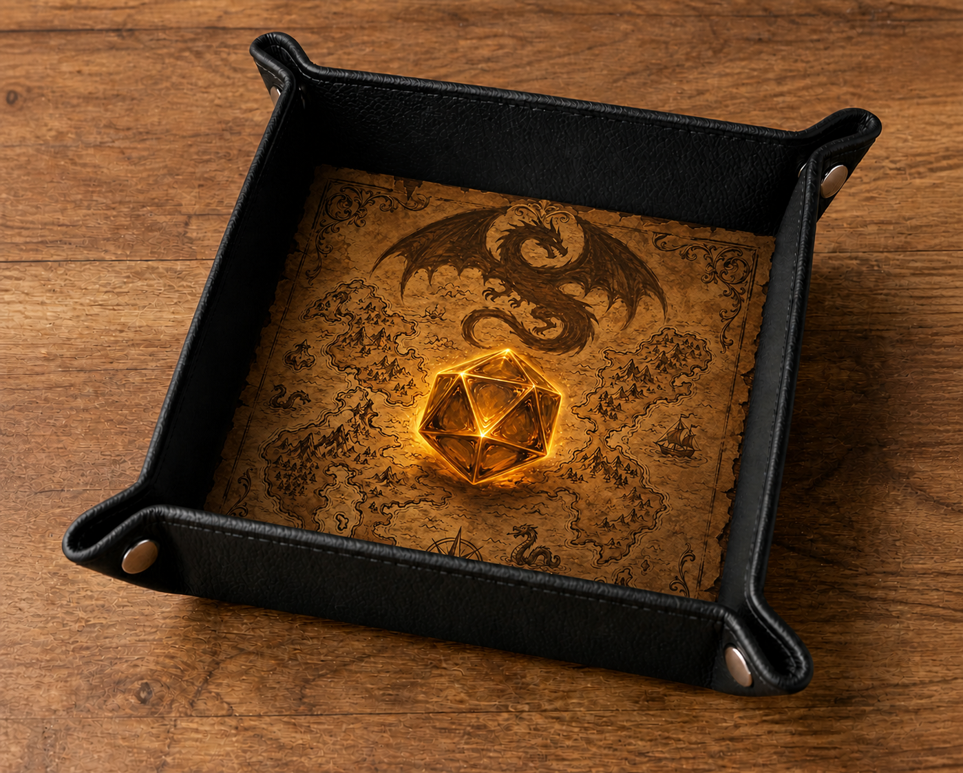 Plateau à dés Cartographe des dragons assemblé sur une table en bois