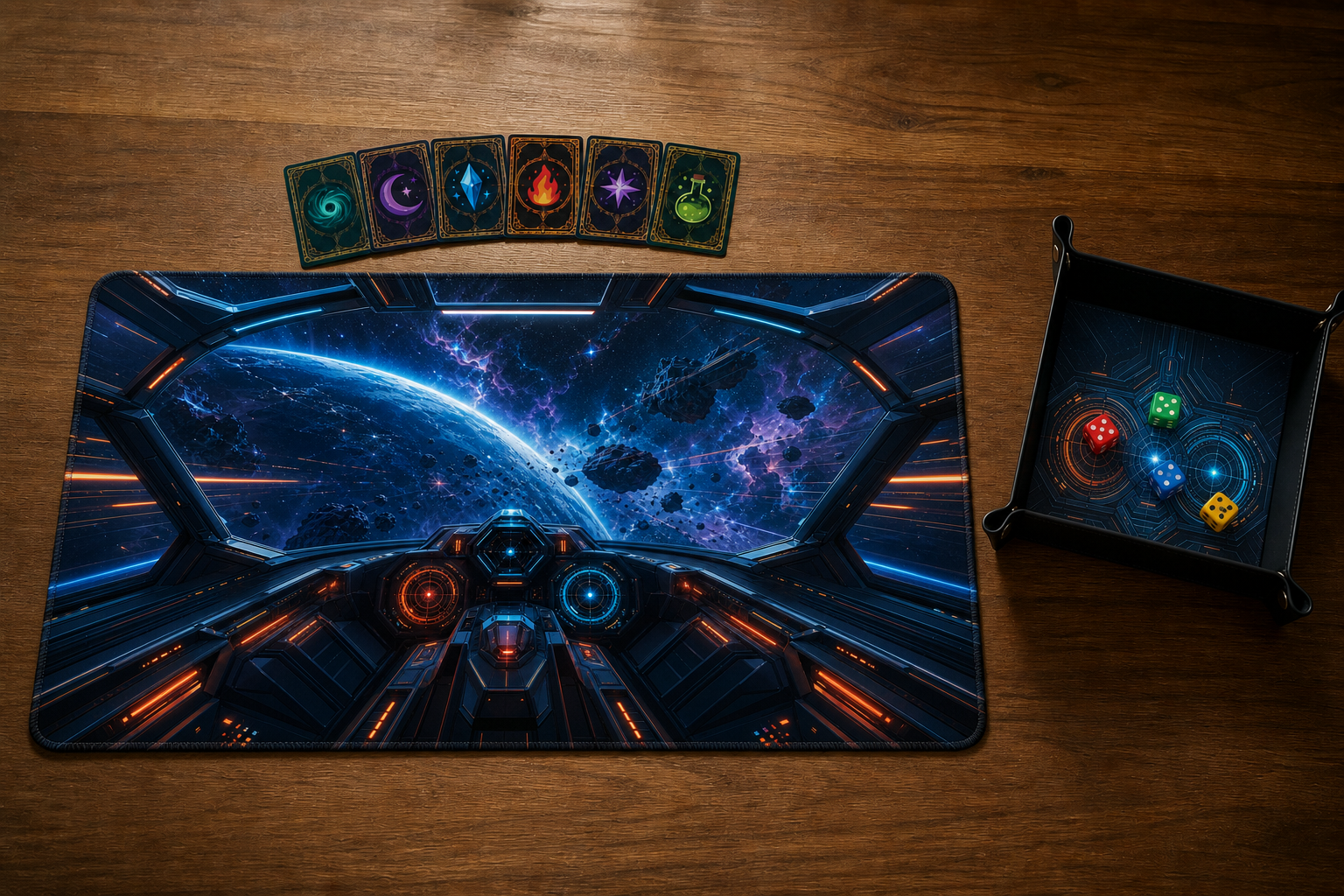 Ensemble playmat Cockpit avec plateau à dés futuriste assorti