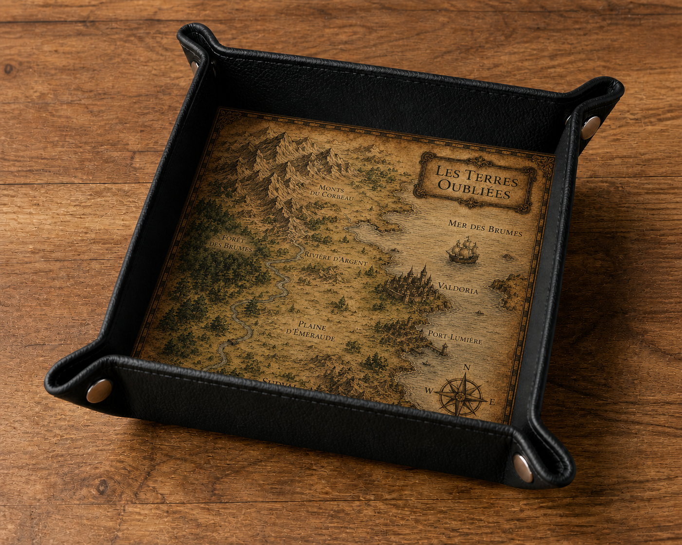 Plateau à dés fantasy Les Terres Oubliées assemblé sur une table en bois