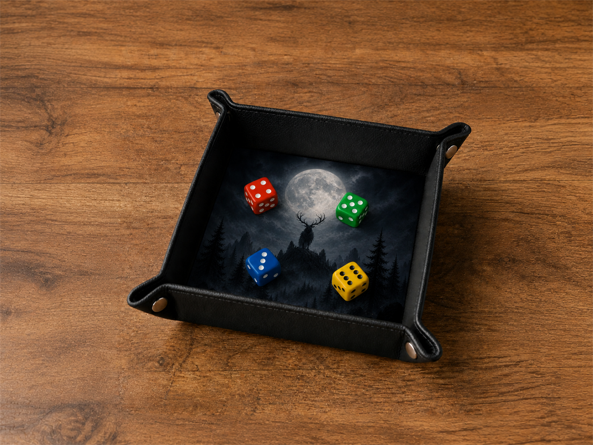 Plateau à dés Gardien de la lune avec quatre dés colorés
