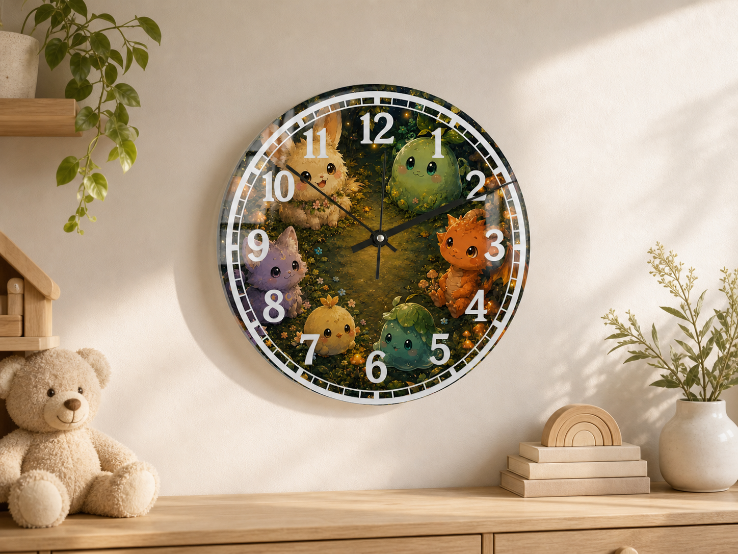Horloge murale fantasy de 12 pouces en verre trempé avec créatures kawaii dans une forêt enchantée.