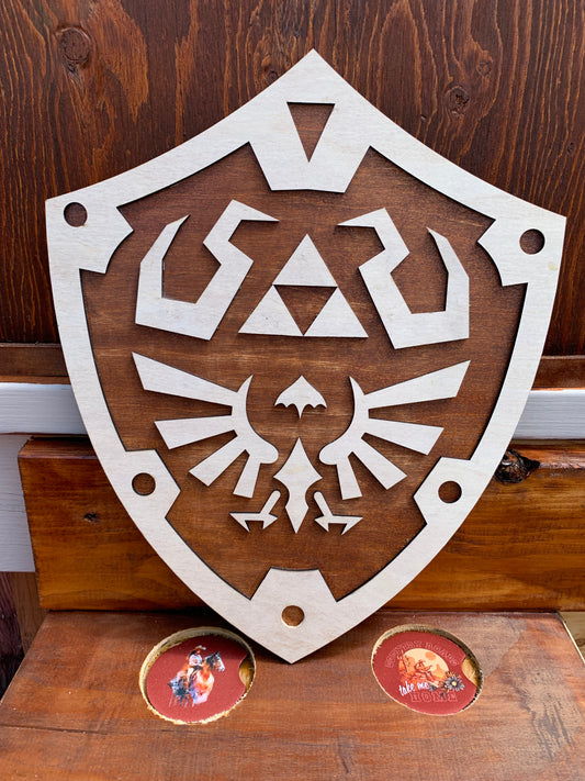 Bouclier Hylian en bois teint avec effet 3D (13 x16)