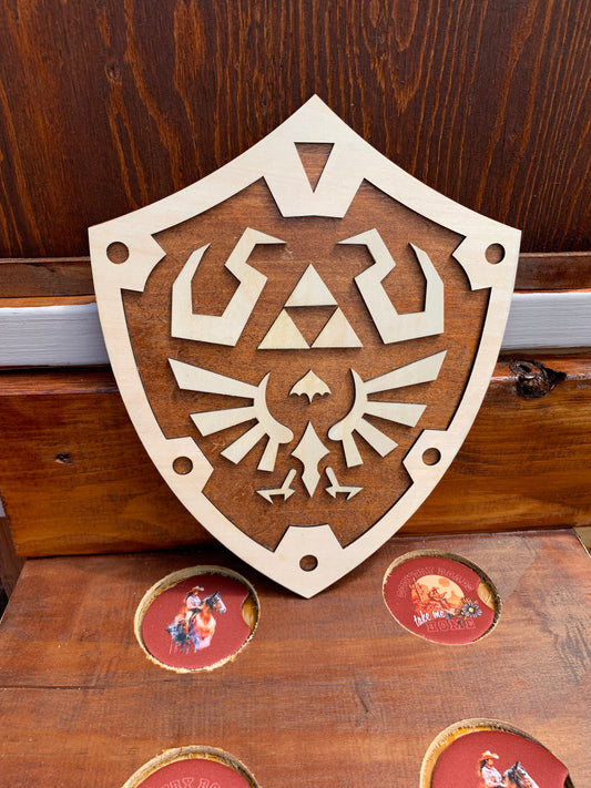 Bouclier Hylian en bois teint avec effet 3D (10 x 12)