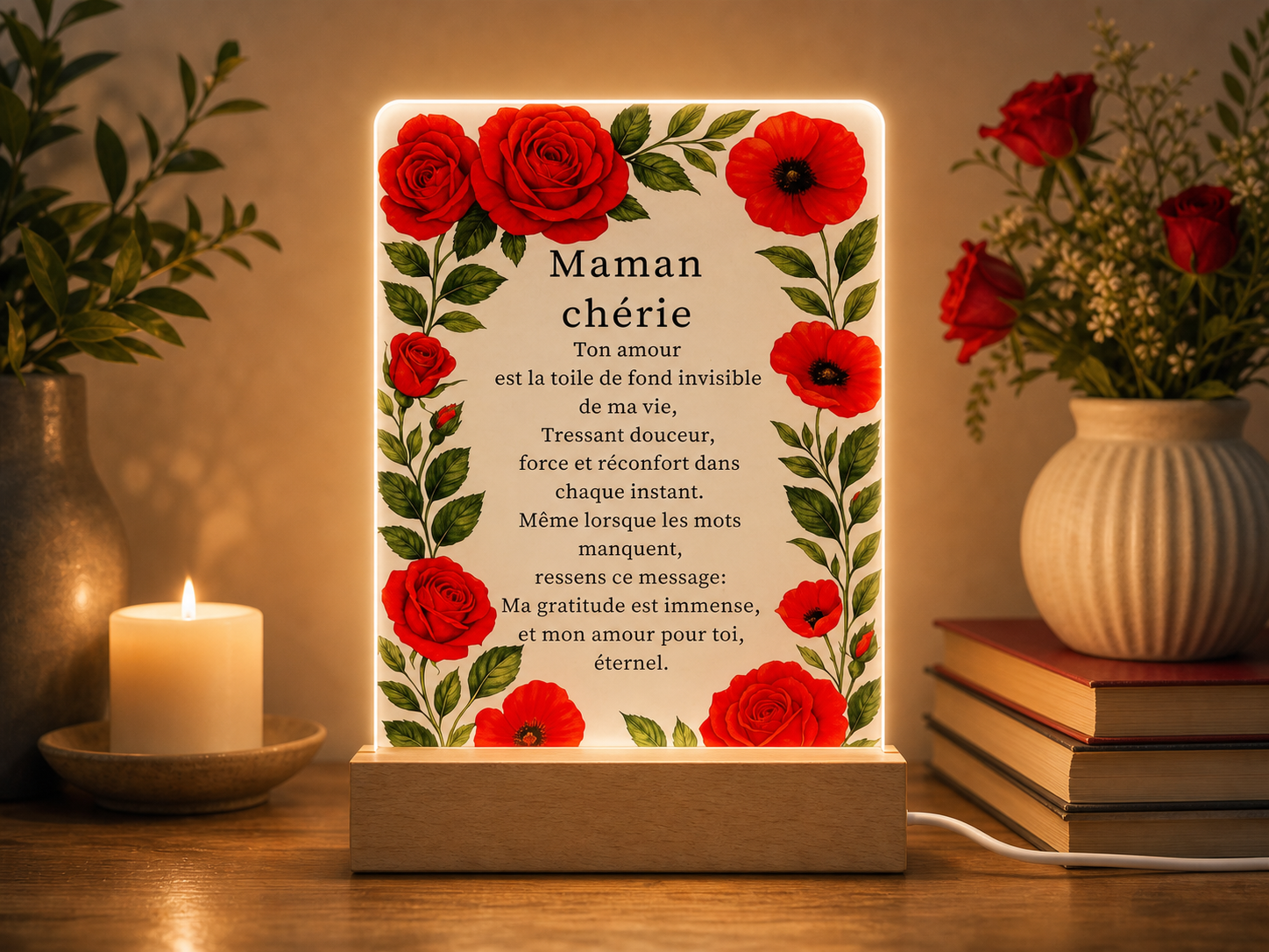 Lampe DEL Maman chérie avec roses rouges sur une base rectangulaire en bois
