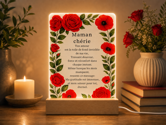Lampe DEL Maman chérie avec roses rouges sur une base rectangulaire en bois