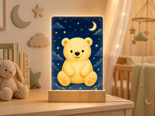 Lampe veilleuse DEL Petit ourson sur base en bois dans une chambre de bébé