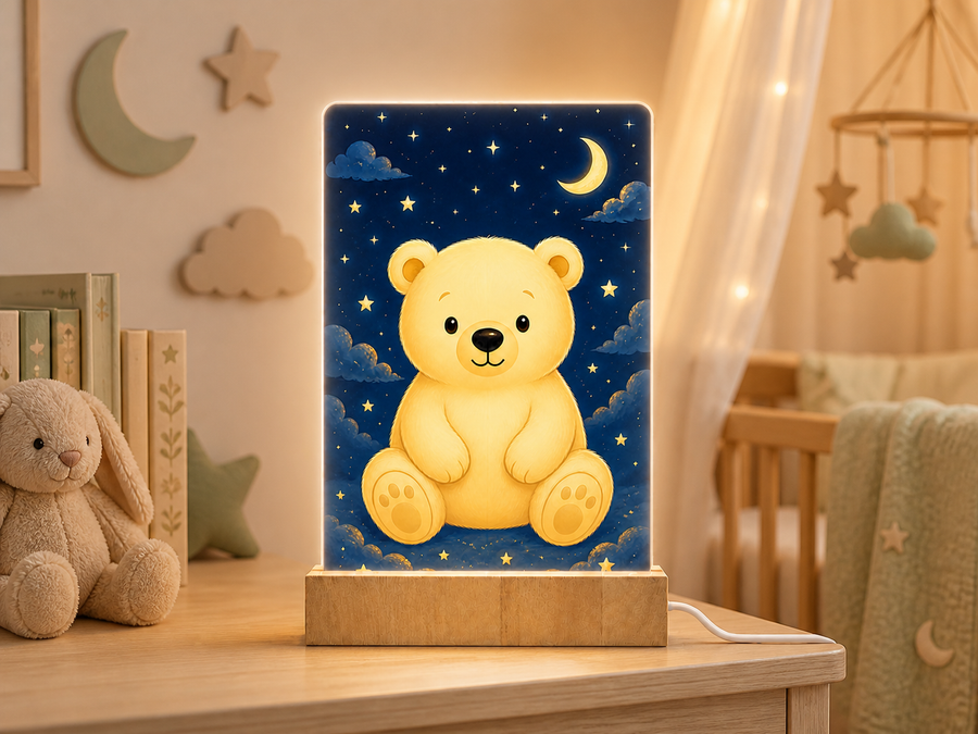 Lampe veilleuse DEL Petit ourson sur base en bois dans une chambre de bébé