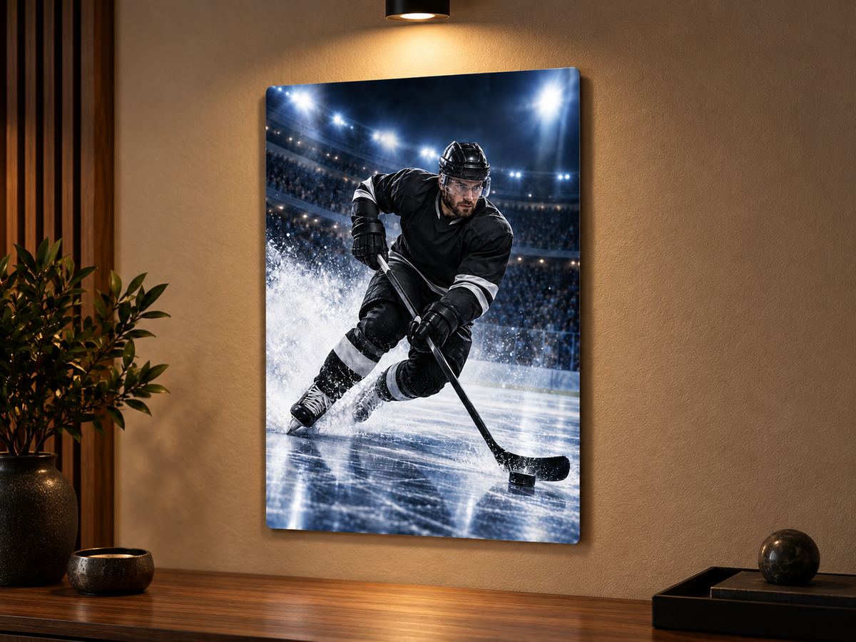 Affiche métal hockey personnalisable 12x18 ou 18x24 installée au mur