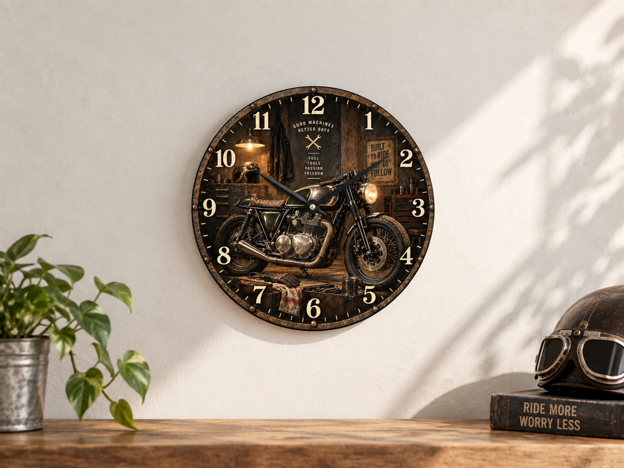 Horloge moto café racer 12 pouces en verre trempé installée au mur