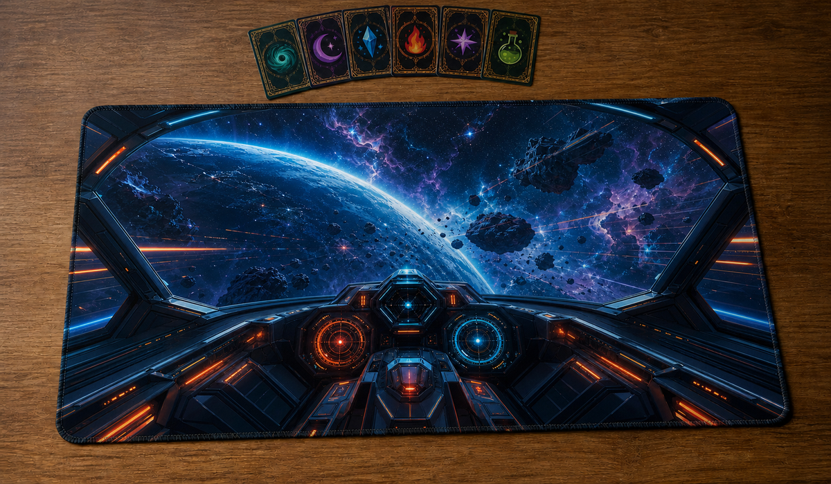 Playmat Cockpit Frontière cosmique avec six cartes de jeu regroupées