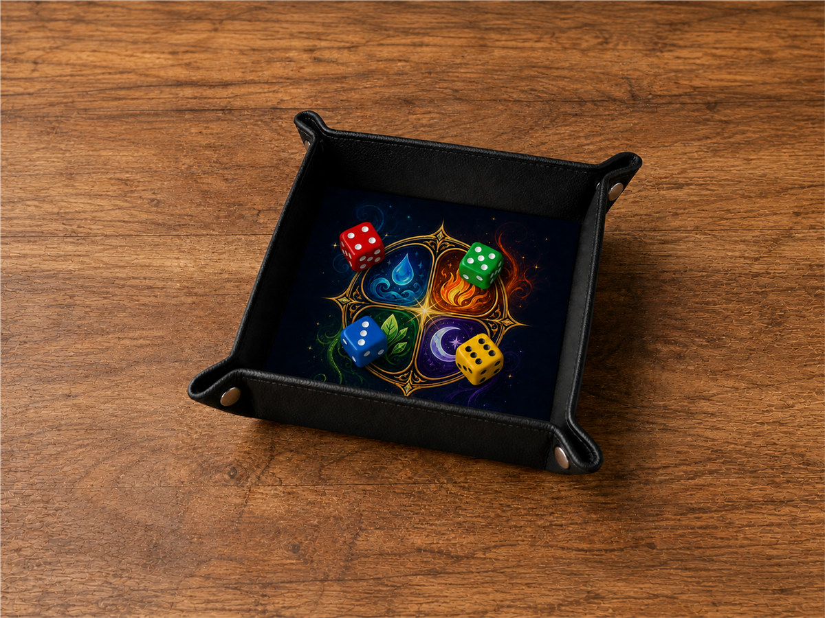 Plateau à dés Quatre éléments avec quatre dés cubiques colorés