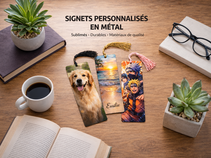 Trois signets personnalisés en métal avec photo de chien, paysage et design coloré