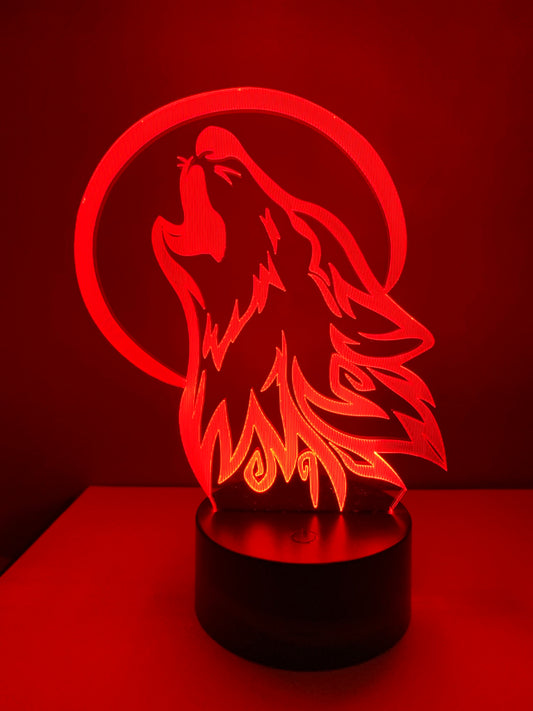 Lampe 3D DEL Loup hurlant à la lune